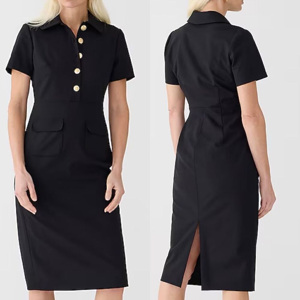 NWT J. Crew Black Collared Italian Bi-Stretch Wool Blend Midi Sheath Dress Sz 8